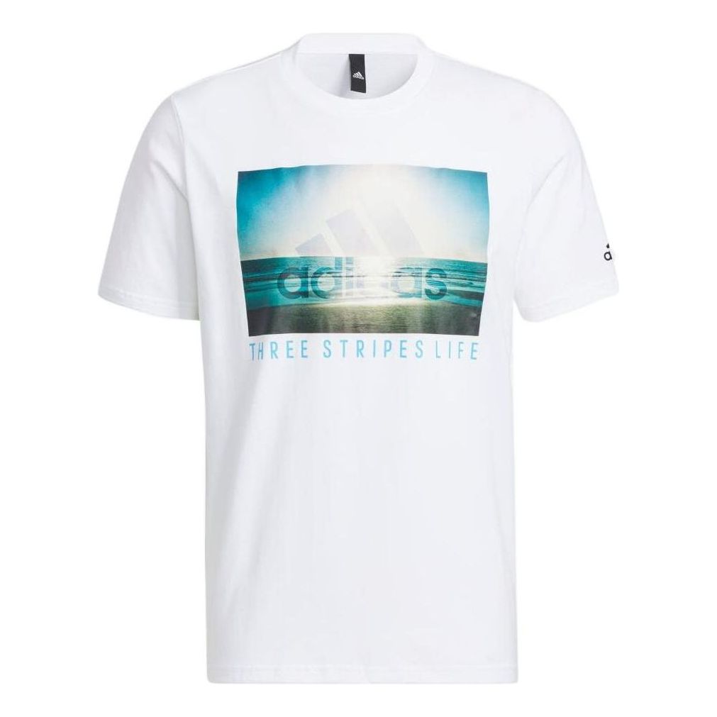 adidas Logo Sunset Printing Round Neck Short Sleeve White HN0401
