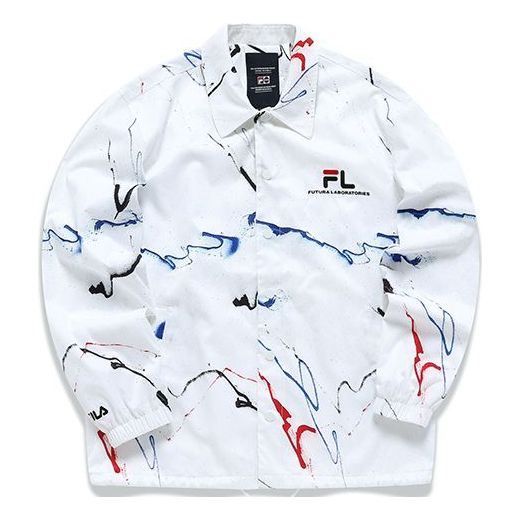 Men's FILA FUSION x FUTURA Crossover Splash Ink Full Print Casual Coach Loose Jacket White T11M138701F-WT