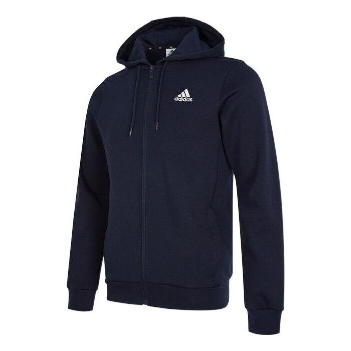 Men's adidas Printing Logo Zipper Drawstring Hooded Jacket Blue HB5082