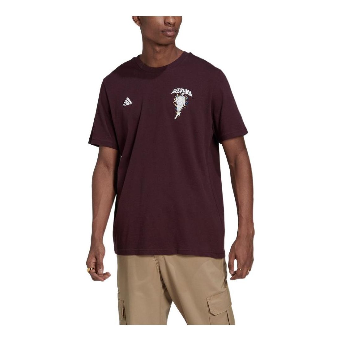 Men's adidas Character Printing Brand Logo Solid Color Round Neck Short Sleeve Dark Sauce Purple T-Shirt HG1975