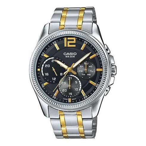 Men's CASIO Waterproof Quartz Three Eyes Dial 42mm Gold Stainless Steel Strap Watch Mens Black Analog MTP-E305SG-1AVDF