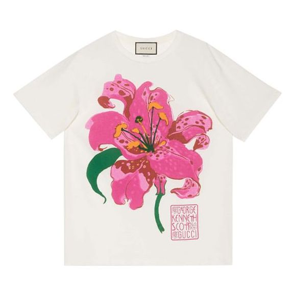 (WMNS) Gucci Ken Scott Flowers Printing Loose Round Neck Short Sleeve White T-Shirt 615044-XJDBQ-9095