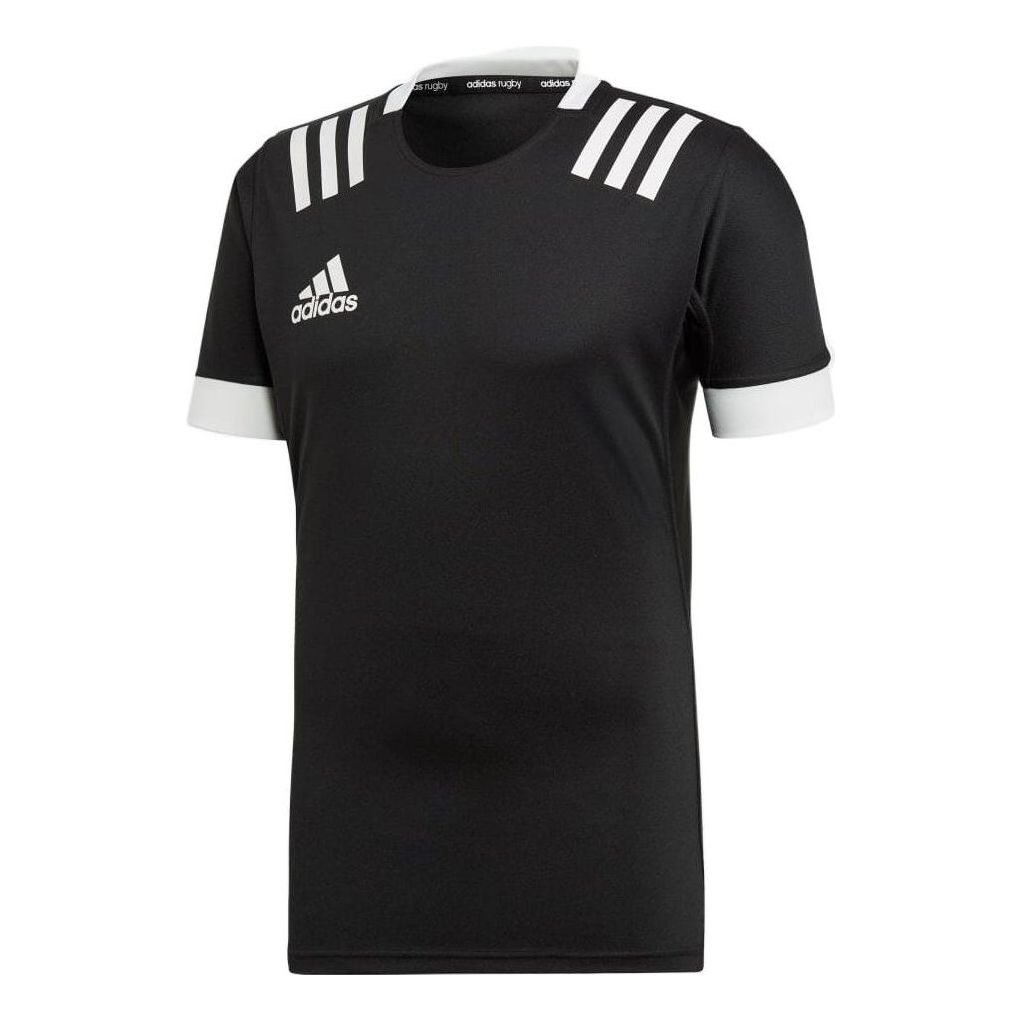 Men's adidas Stripe Logo Rugby Sports Round Neck Short Sleeve Black T-Shirt DY8502