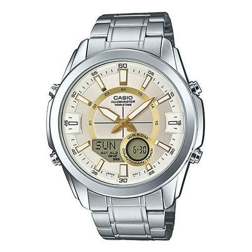 CASIO Waterproof Stainless Steel Strap Mens Silver Analog/Digital Combo AMW-810D-9A