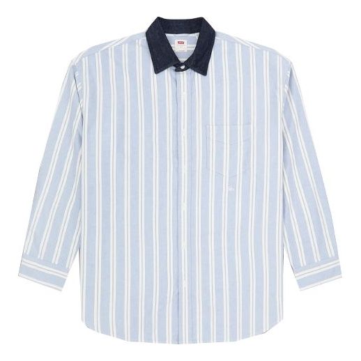 Men's Levis Series Lapel Pure Cotton Stripe Long Sleeves Blue Shirt 52355-0000