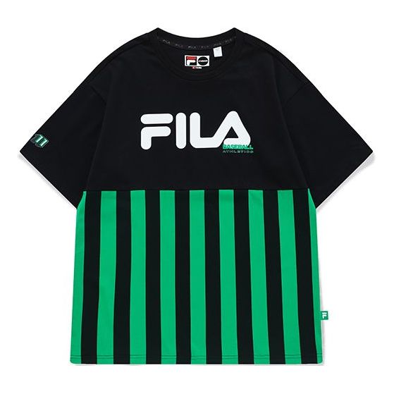 Men's FILA FUSION Logo Printing Contrasting Colors Stripe Short Sleeve Green T11M132101F-BK