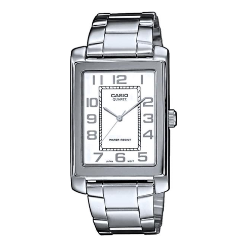 Men's CASIO Dress Watch Quartz Movement Stainless Steel Case White Dial 29mm Watch Mens Silver Analog MTP-1234D-7B