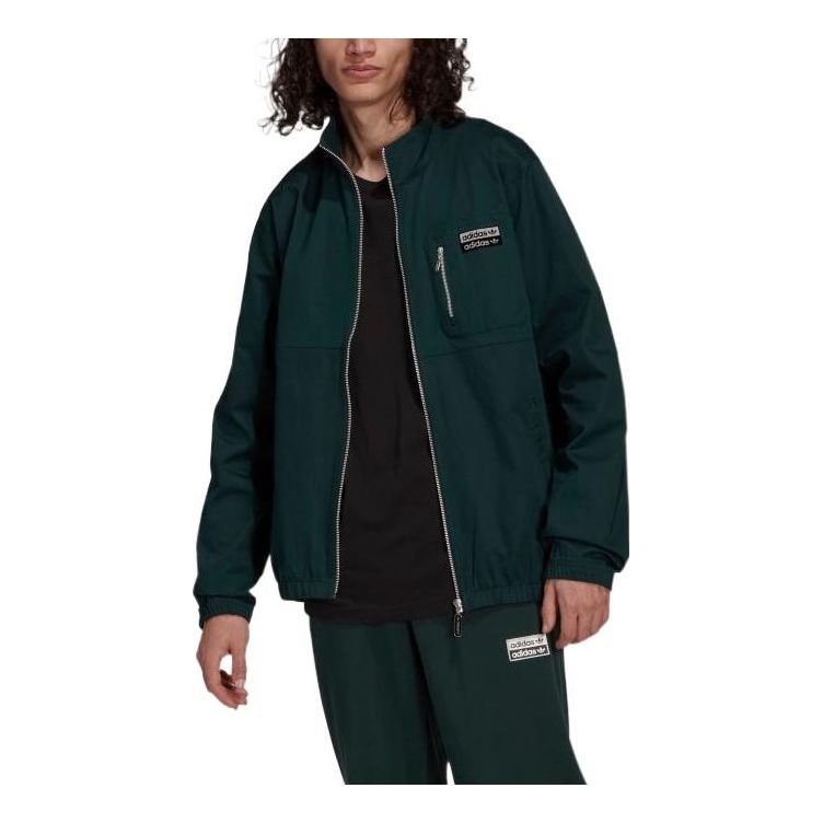 Men's adidas originals Solid Color Alphabet Logo Pocket Zipper Sports Jacket Green H11459
