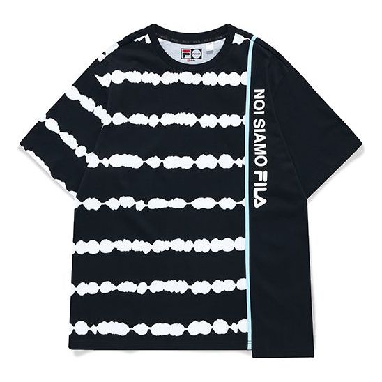 Men's FILA FUSION Tie Dye Printing Irregular Splicing Loose Knit Short Sleeve Black White T-Shirt T11M131105F-BK