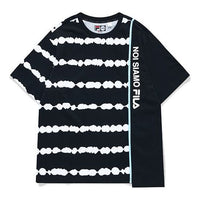 Men's FILA FUSION Tie Dye Printing Irregular Splicing Loose Knit Short Sleeve Black White T-Shirt T11M131105F-BK
