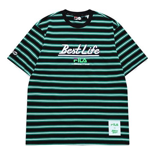FILA FUSION x Jeremyville Crossover Contrasting Colors Stripe Printing Loose Short Sleeve Couple Style Green T11U139108F-BK