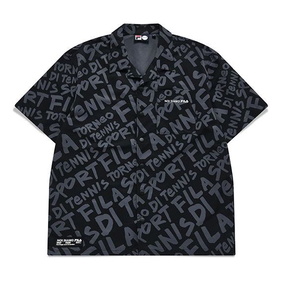 Men's FILA FUSION Casual Breathable Loose Woven Short Sleeve Shirt Black Gray T11M121402A-BK