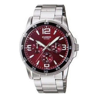 Men's CASIO Dress Series Red Dial Quartz Movement 50m Waterproof Stainless Steel Strap Watch Analog Mens MTP-1299D-4AV
