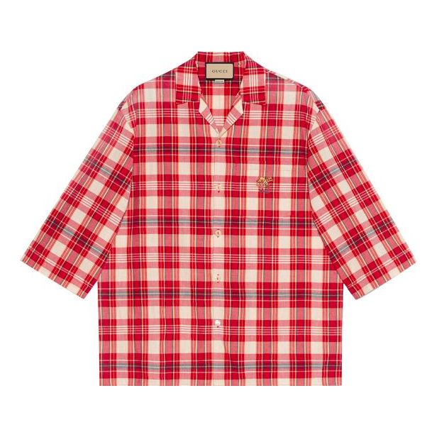 Gucci FW21 animal Embroidered Plaid Short Sleeve Shirt Red 653446-ZAG0O-6172