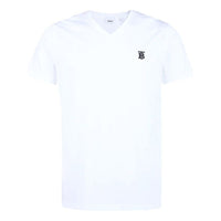 Men's Burberry Logo Embroidered Pattern V neck Cotton Short Sleeve White 80172581
