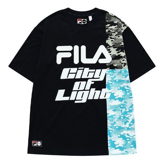 FILA FUSION Contrasting Colors Logo Printing Splicing Camouflage Round Neck Short Sleeve Couple Style Black T11U136103F-BK