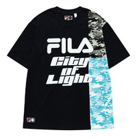 FILA FUSION Contrasting Colors Logo Printing Splicing Camouflage Round Neck Short Sleeve Couple Style Black T11U136103F-BK
