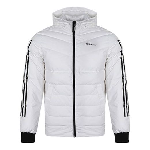 adidas neo MENS Sprty Puffer 3 Stripes Tat Hoodie Down Jacket White EI4433