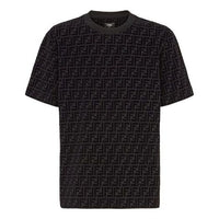 Men's FENDI Full Print F Black Brown Logo Printing Short Sleeve Black T-Shirt FY0936A7D5F0ABB
