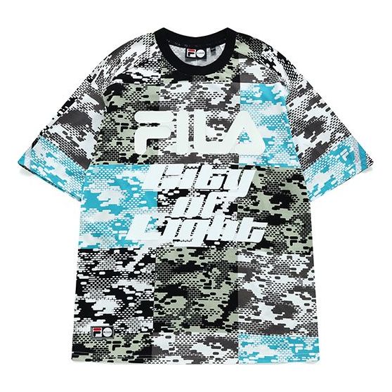 FILA FUSION Camouflage Full Print Logo Sports Loose Round Neck Short Sleeve Couple Style Blue T11U136101F-BU