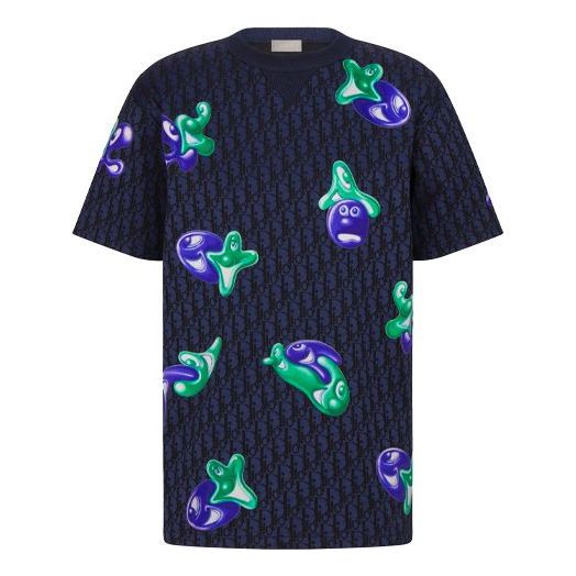 Men's DIOR x KENNY SCHARF Crossover FW21 Cotton Jacquard Pattern Short Sleeve Navy Blue 193J685C0704-C589