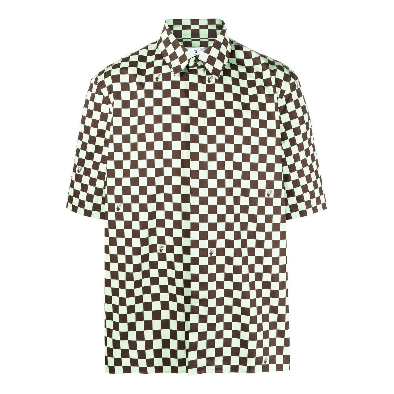 Men's Off-White SS22 Plaid Full Print Lapel Short Sleeve Loose Fit Green Shirt OMGA216S22FAB0026450