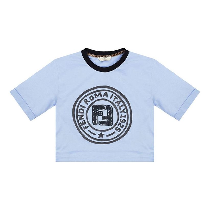 FENDI F Pattern Printing Round Neck Pure Cotton Short Sleeve Light Blue FS7183AC6EF1B64