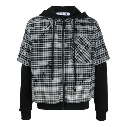 Off-White SS21 Logo Printing hooded Zipper Shirt Plaid Jacket Gray OMGA160R21FAB0014110