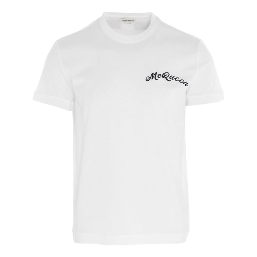 Men's Alexander McQueen SS21 Logo Micro Mark Embroidered Casual Short Sleeve White 624180-QRX01-9000