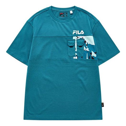 Men's FILA FUSION Pocket Patchwork Print Loose Sports Round Neck Short Sleeve Green T11M133107F-BU