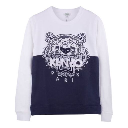 (WMNS) KENZO Black White Tiger Head Embroidered Round Neck Pullover Colorblock Hoodie 'White Blue' 2SW7014Z5-77