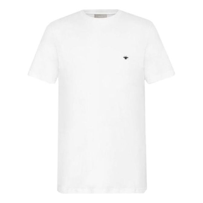 Men's DIOR SS21 Solid Color Bee Embroidered Round Neck Short Sleeve White T-Shirt 733J603B0533-C089