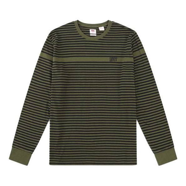 Men's Levis Casual Pure Cotton Stripe Long Sleeves Dark Green T-Shirt 85622-0000
