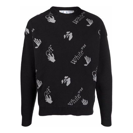 Men's Off-White FW21 Intarsia Knit Logo Round Neck Pullover Wool Sweater Loose Fit Black OMHE095F21KNI0011009