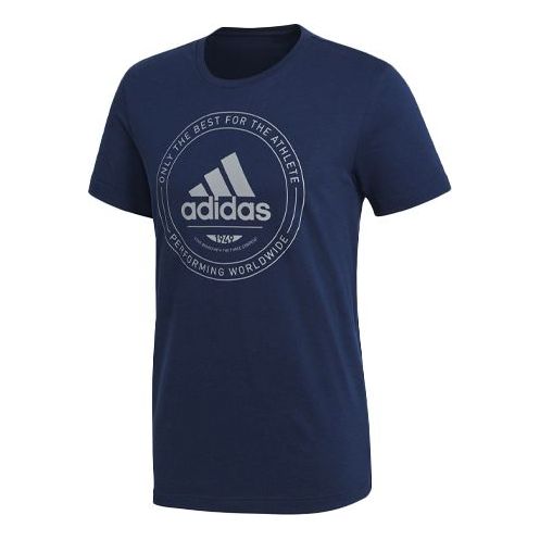 adidas Logo Printing ribbed Round Neck Short Sleeve Blue CV4517