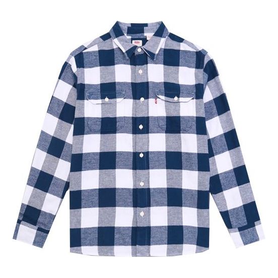 Men's Levis Plaid lapel Long Sleeves Shirt Blue 19587-0132