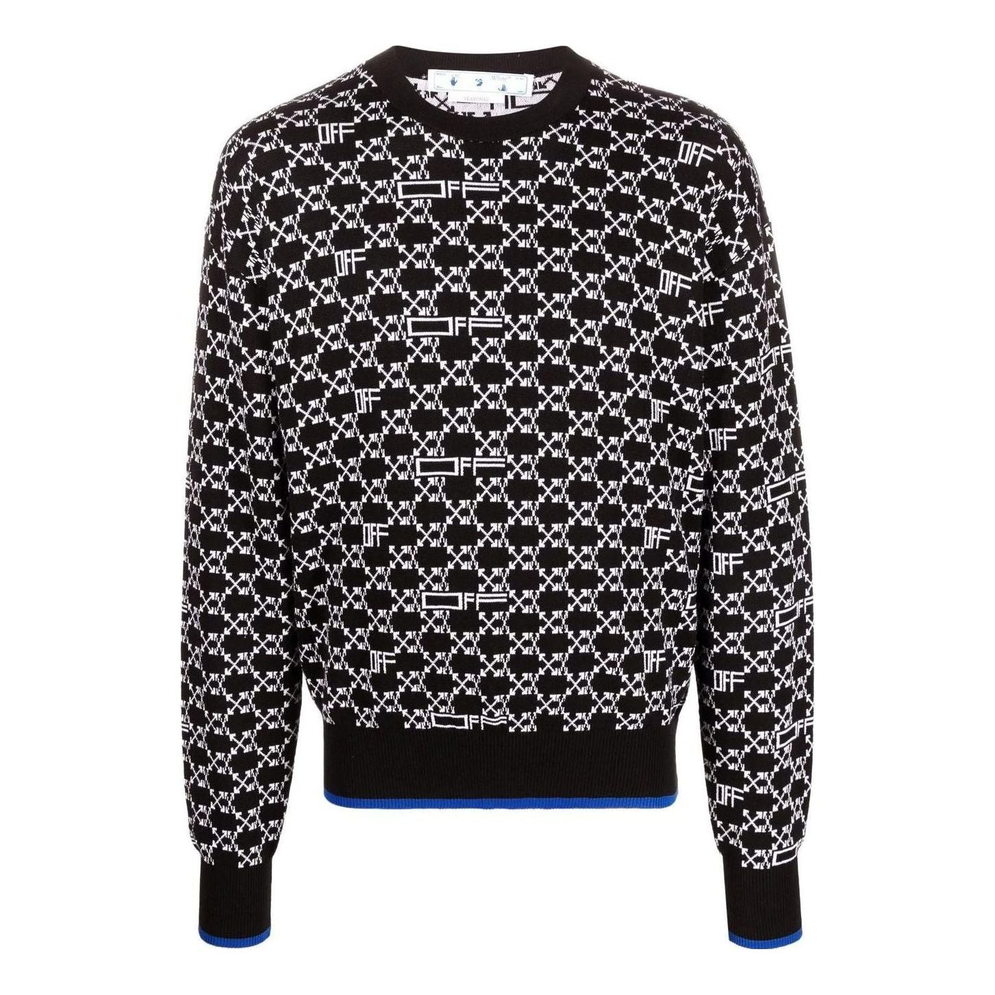 Men's Off-White SS22 Logo Intarsia Knit Round Neck Long Sleeves Wool Sweater Black OMHE118S22KNI0011001