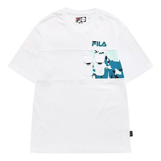 Men's FILA FUSION Pocket Splicing Cartoon Printing Loose Sports Round Neck Short Sleeve White T11M133107F-WT