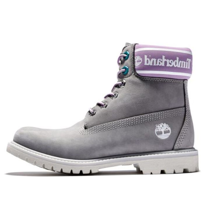 (WMNS) Timberland Premium 6 Inch Waterproof Boots 'Grey Nubuck with Purple Logo Collar' A41D6D52