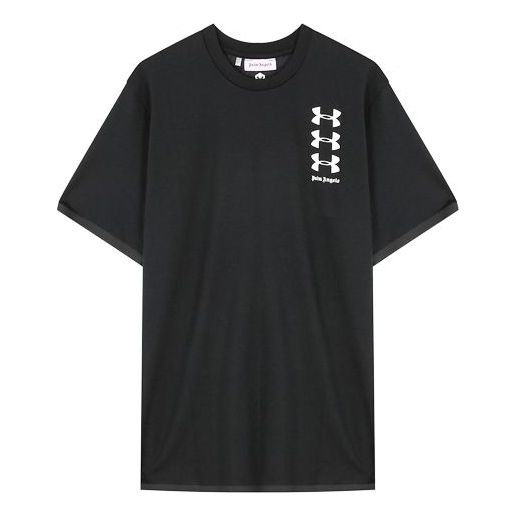 Men's PALM ANGELS Round Neck Solid Color Logo Short Sleeve Black PMAA036S19590071-1001