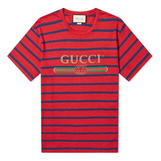 Gucci SS20 Mens Logo Red Blue Stripes Short Sleeve Tee 604177-XJB6W-6090