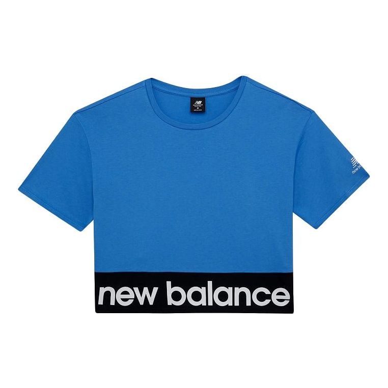 (WMNS) New Balance Logo Embroidered Contrasting Colors Short Sleeve Blue AWT03307-FCB