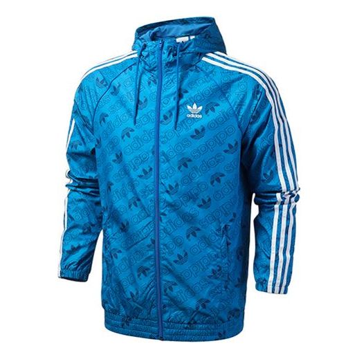 adidas originals Mono Windbreak Full Print Logo hooded Jacket Blue ED7046