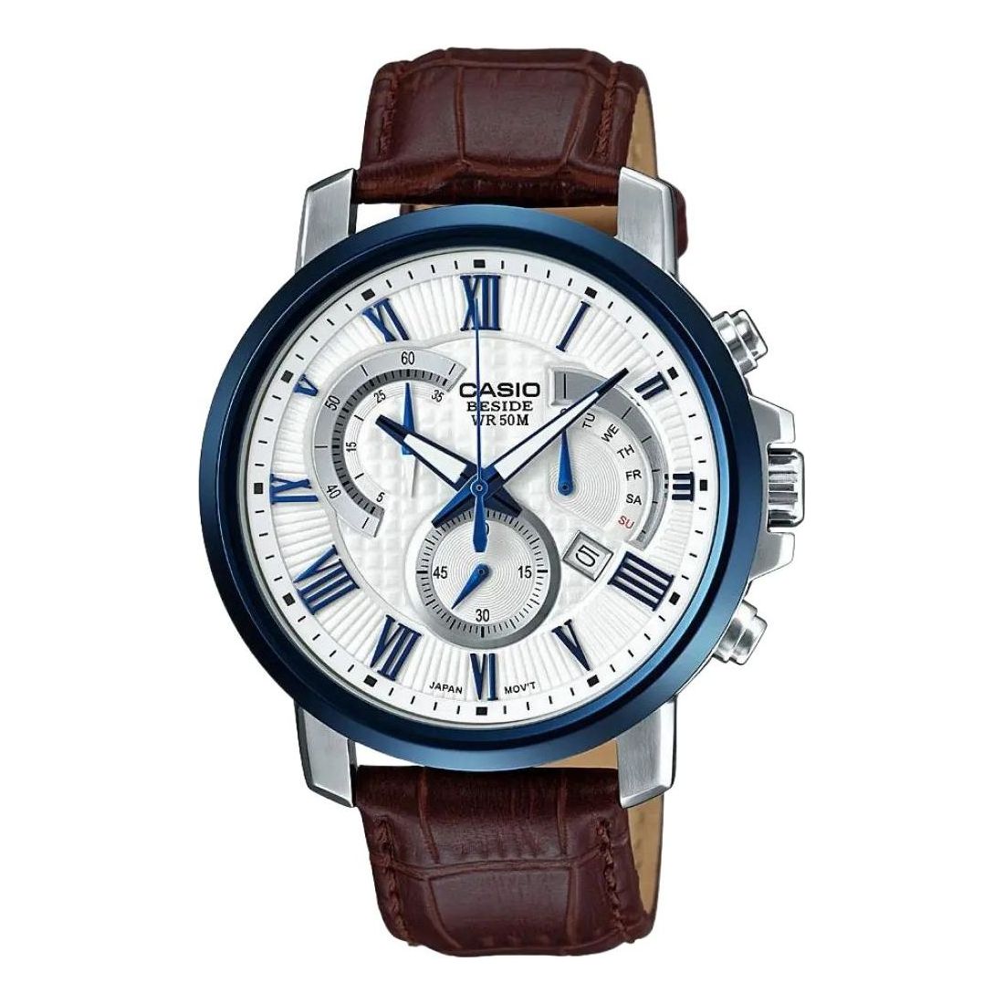 Men's CASIO Beside Leather Strap 50m Waterproof 44mm Japanese/Korean Style Watch Brown Mens White Analog BEM-520BUL-7A3