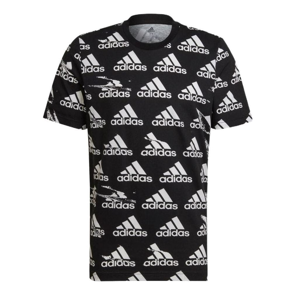 Men's adidas Logo Full Print Round Neck Pullover Short Sleeve Japanese Version Black T-Shirt HE1788