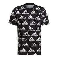 Men's adidas Logo Full Print Round Neck Pullover Short Sleeve Japanese Version Black T-Shirt HE1788