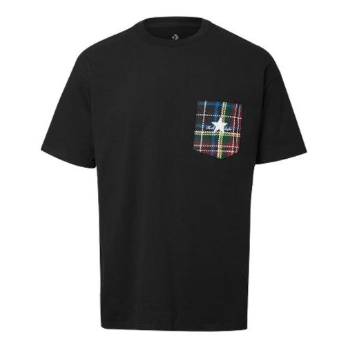 Men's Converse Contrasting Colors Plaid Pocket Casual Round Neck Short Sleeve Black 10020885-001
