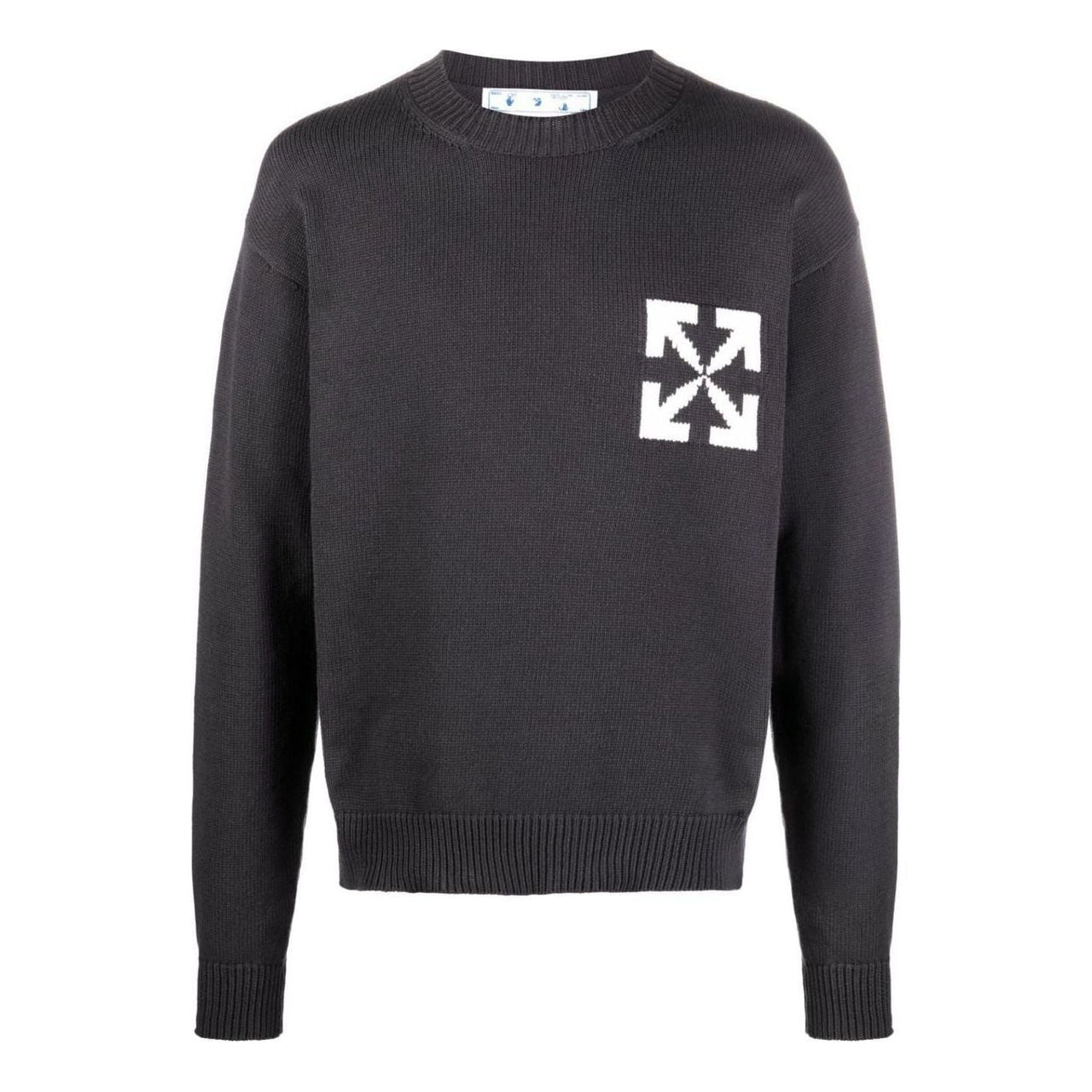 Men's Off-White FW22 Logo Intarsia Knit Round Neck Pullover Wool Sweater Loose Fit Black OMHE119C99KNI0011001