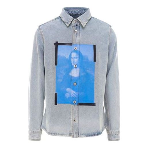Off-White SS21 Printing Pattern lapel Long Sleeves Denim Shirt Blue OMYD027R21DEN0014001