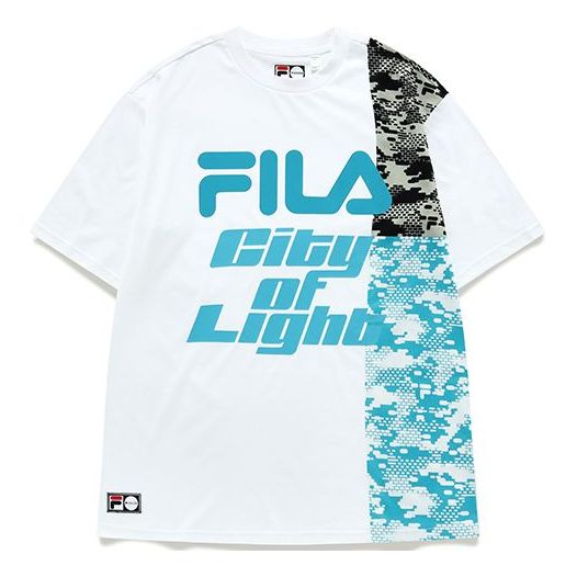 FILA FUSION Contrasting Colors Logo Printing Splicing Camouflage Round Neck Short Sleeve White T-Shirt T11U136103F-WT